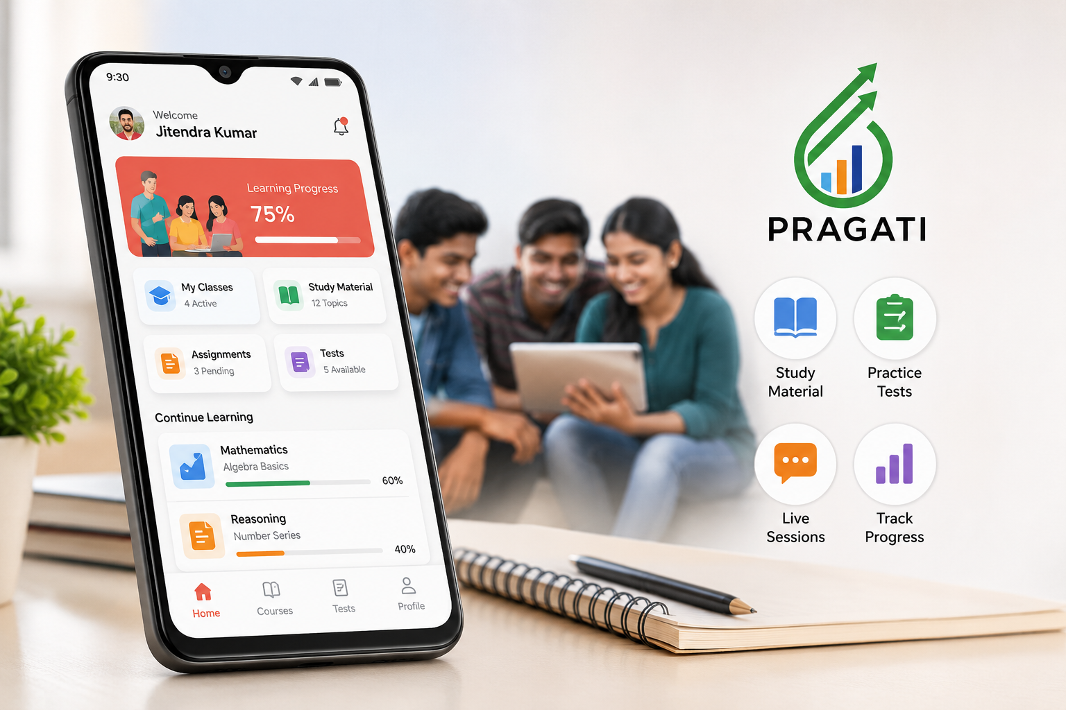 Educational app dashboard with learning progress