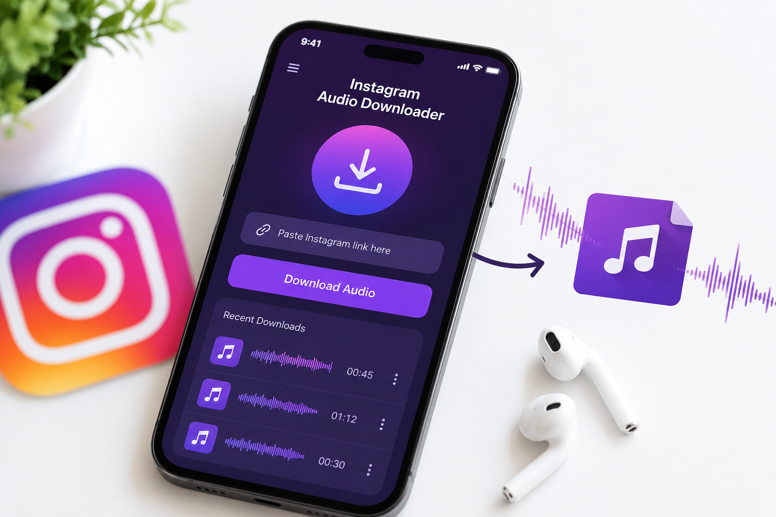 Minimal tech scene with audio download app