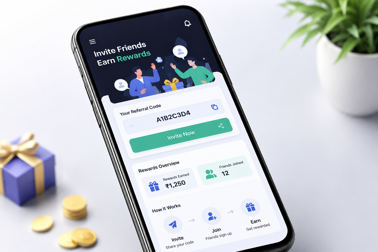 Tech app promo with rewards and referrals
